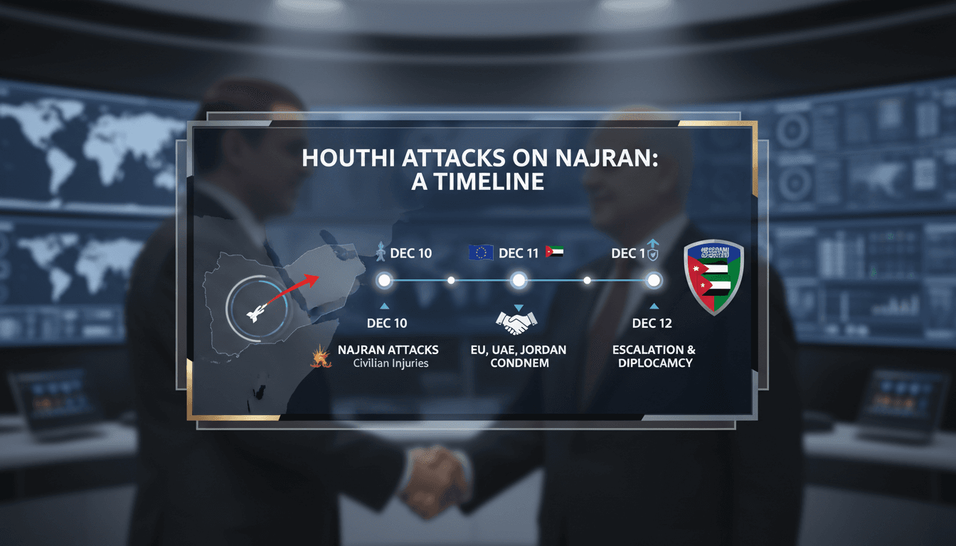 Map highlighting Najran and recent Houthi attack locations in Saudi Arabia and Yemen.