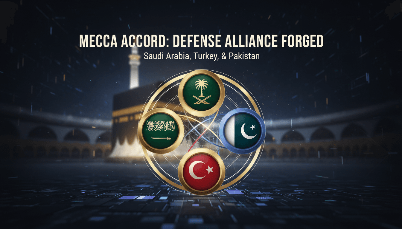 Leaders of Saudi Arabia, Turkey, and Pakistan signing a mutual defense agreement in Mecca.