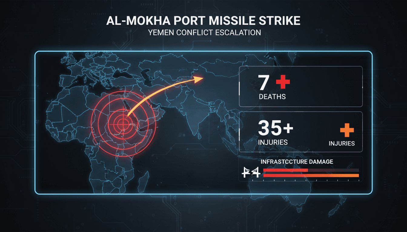 Houthi missile strike aftermath at Al-Mokha port in Yemen