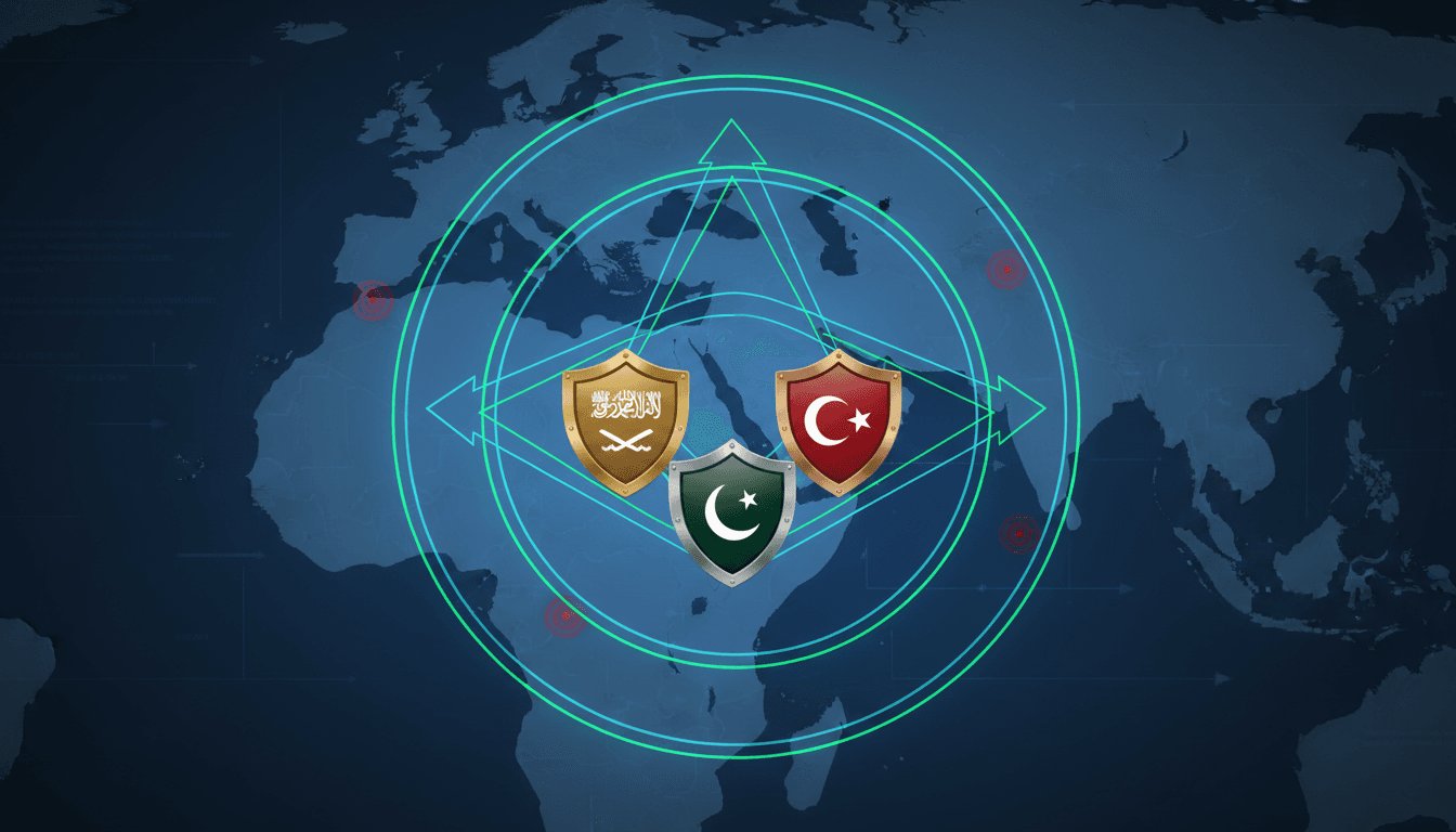 Leaders of Saudi Arabia, Pakistan, and Turkey signing the Makkah Joint Defense Agreement