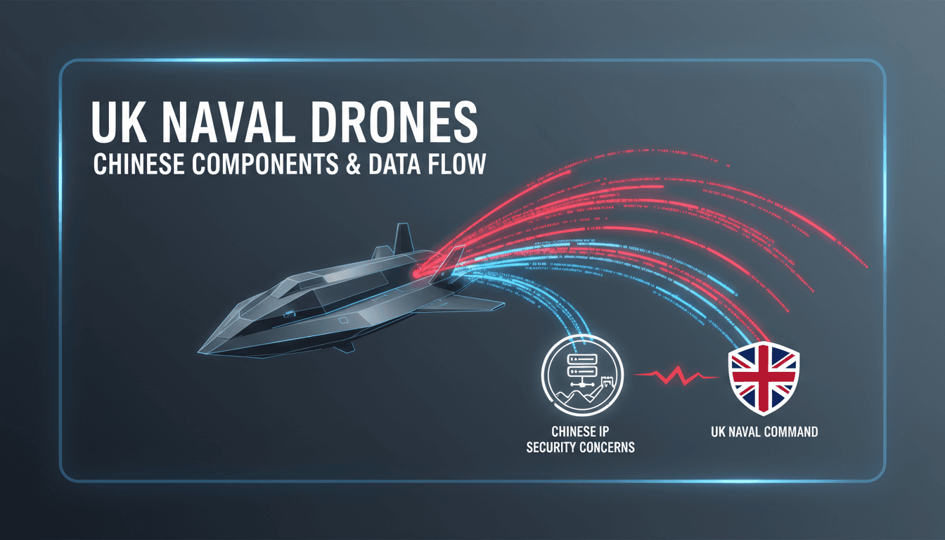 UK naval drone with highlighted Chinese components and data transmission path