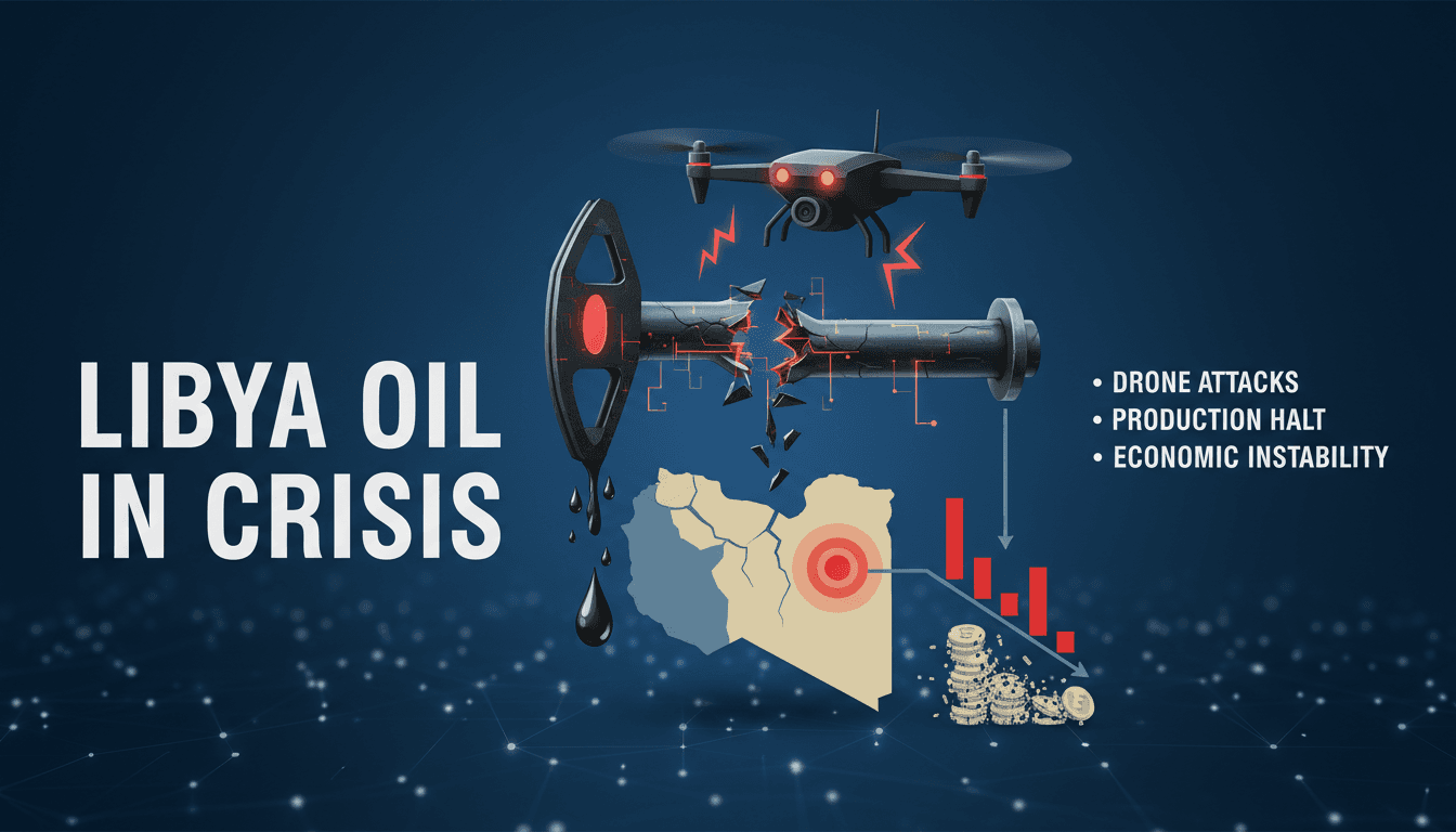 A drone hovering over oil facilities in Libya, symbolizing the threat to energy security.