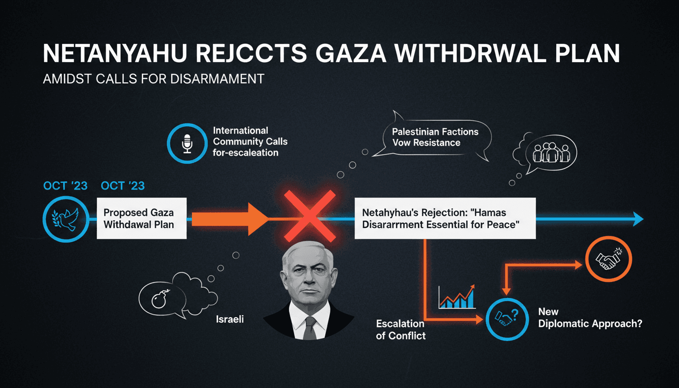 Israeli Prime Minister Netanyahu addressing the media on Gaza withdrawal plan rejection.