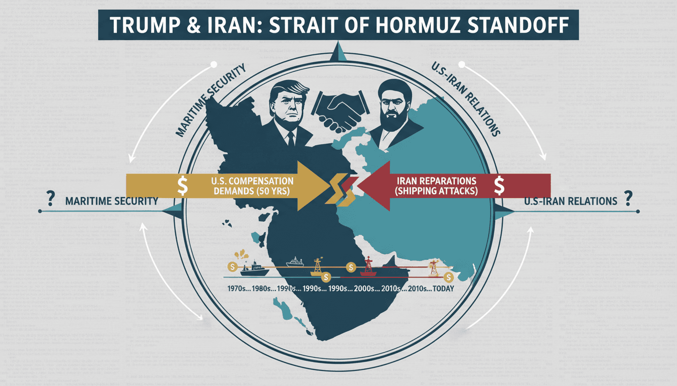 President Trump and Iranian officials in negotiation talks over Strait of Hormuz reparations.