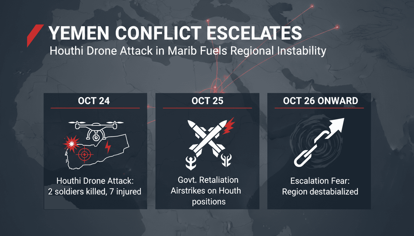 Houthi drone attack in Marib, Yemen, highlighting military tensions.