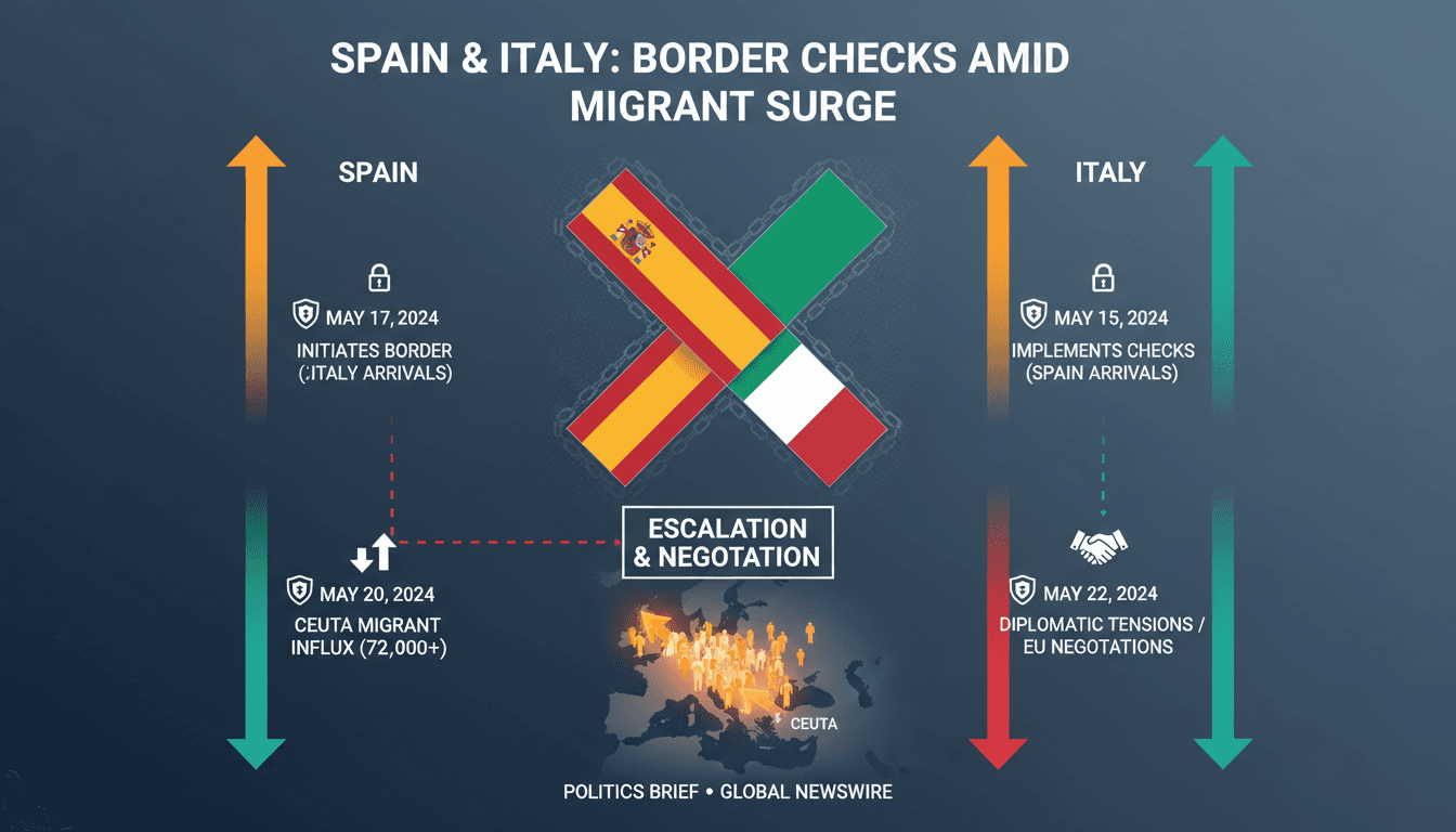 Map showing Spain and Italy with highlighted border check areas and migrant influx statistics.