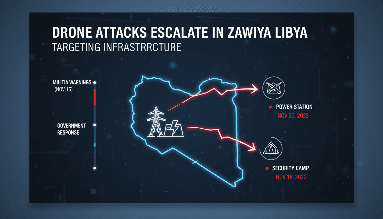 A drone flying over Zawiya, Libya, highlighting recent attacks on infrastructure.
