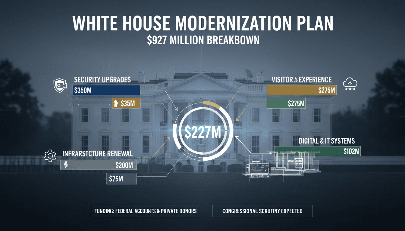 Aerial view of the White House with construction plans overlay