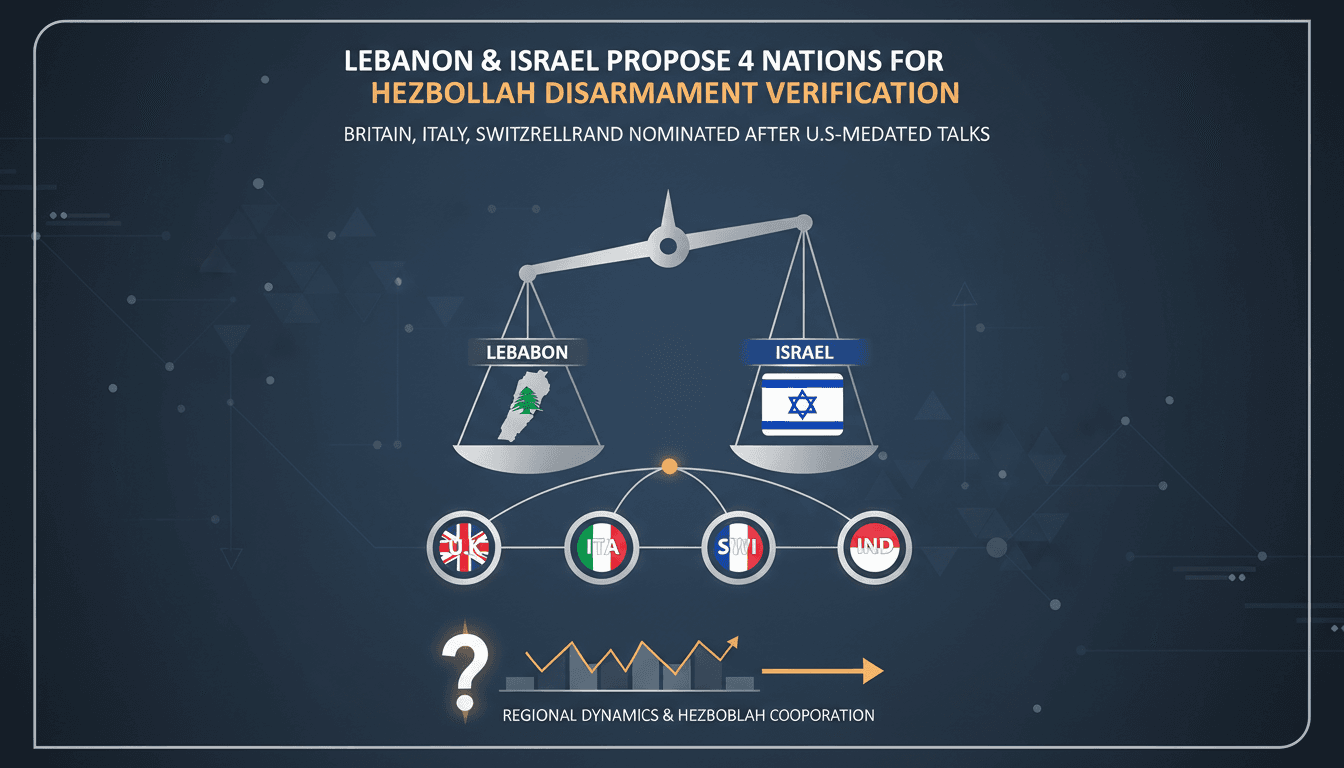 Map highlighting Lebanon and Israel with proposed countries for disarmament verification