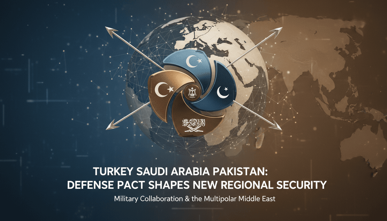 Leaders of Turkey, Saudi Arabia, and Pakistan signing a defense agreement