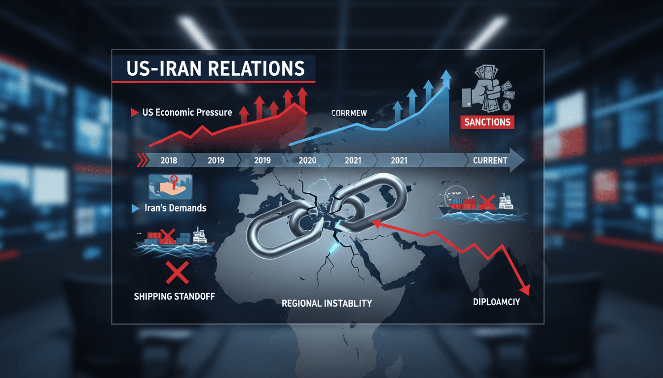 A graphic depicting the escalating tensions between Iran and the US with economic sanctions.