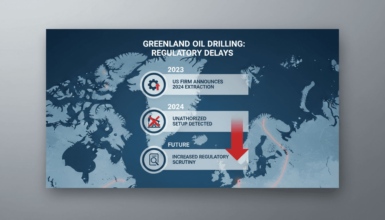 Aerial view of Greenland's landscape with oil drilling equipment in the foreground.