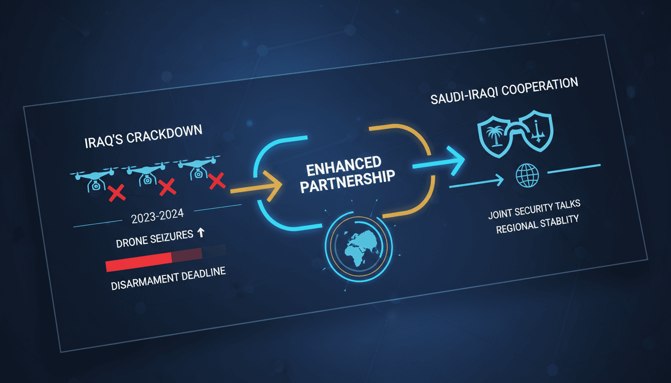 Iraqi and Saudi officials discussing security cooperation against drone threats.
