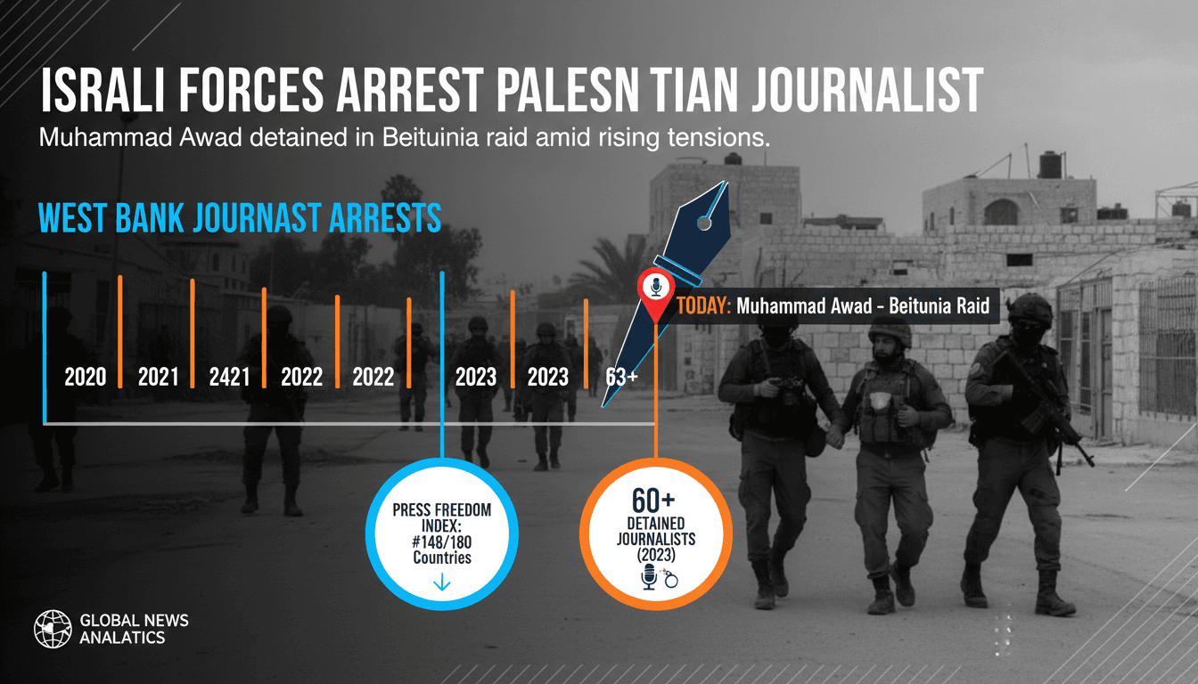 Palestinian journalist Muhammad Awad arrested by Israeli forces in the West Bank.