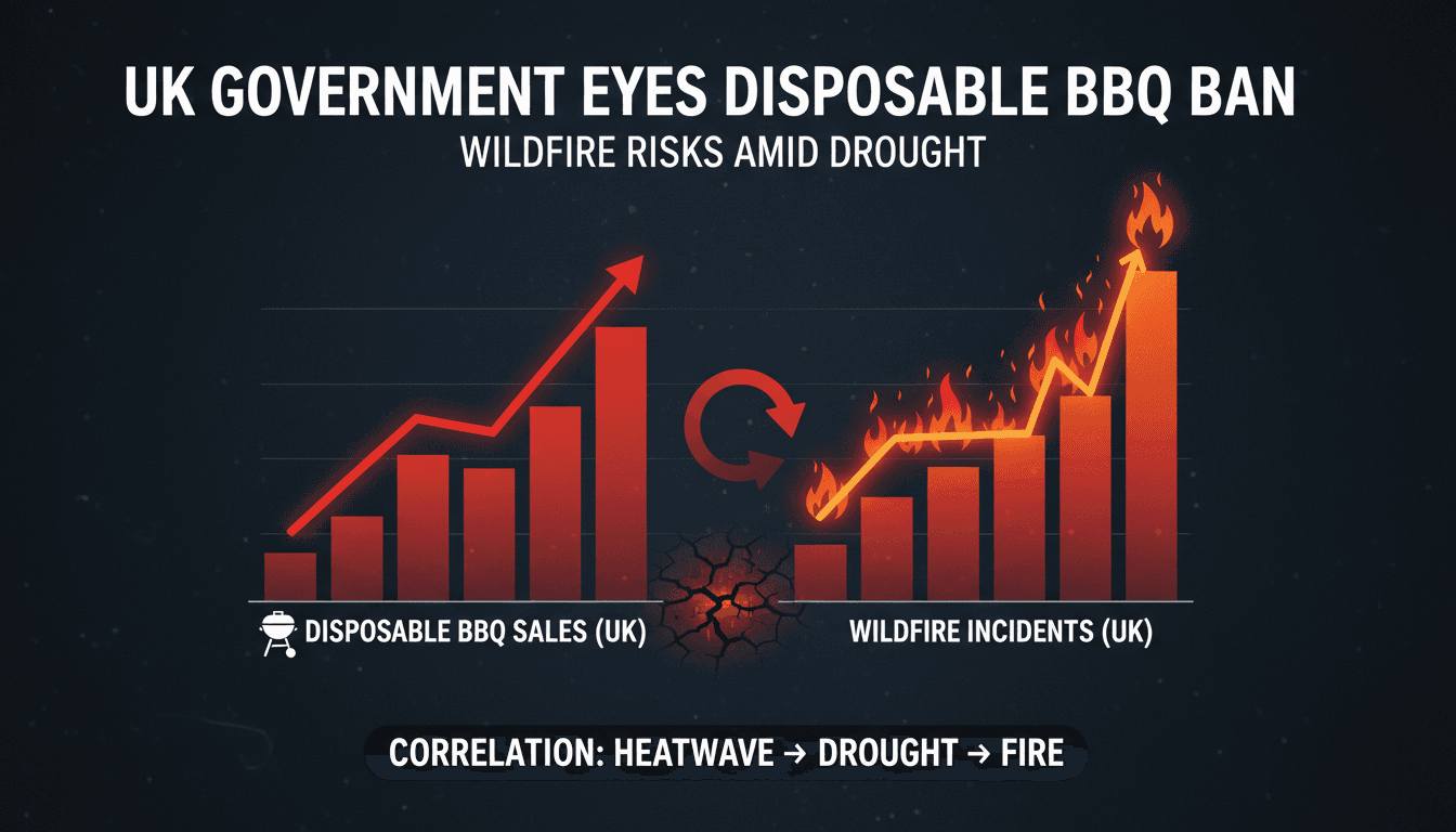 A disposable barbecue in a dry landscape, highlighting wildfire risks.