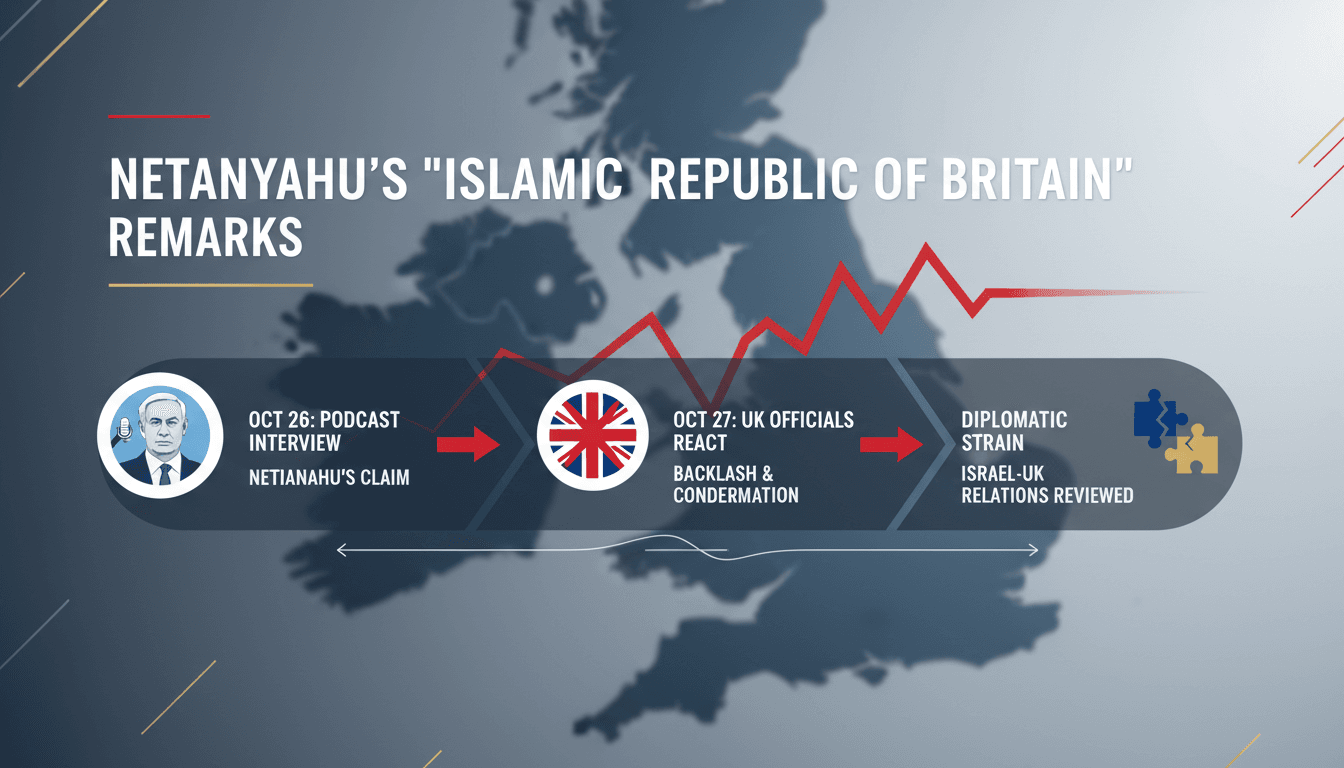 Israeli Prime Minister Netanyahu during a podcast interview discussing UK relations.