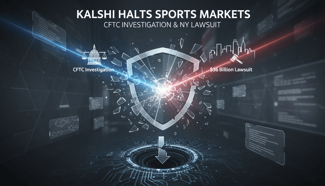 Kalshi logo with a backdrop of legal documents and sports imagery.