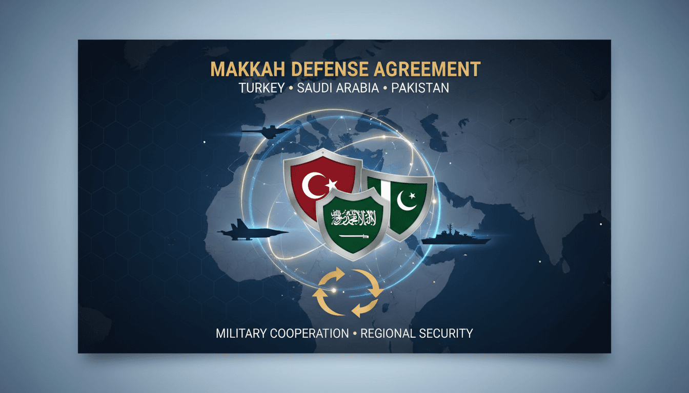 Leaders of Turkey, Saudi Arabia, and Pakistan signing the Makkah Defense Agreement