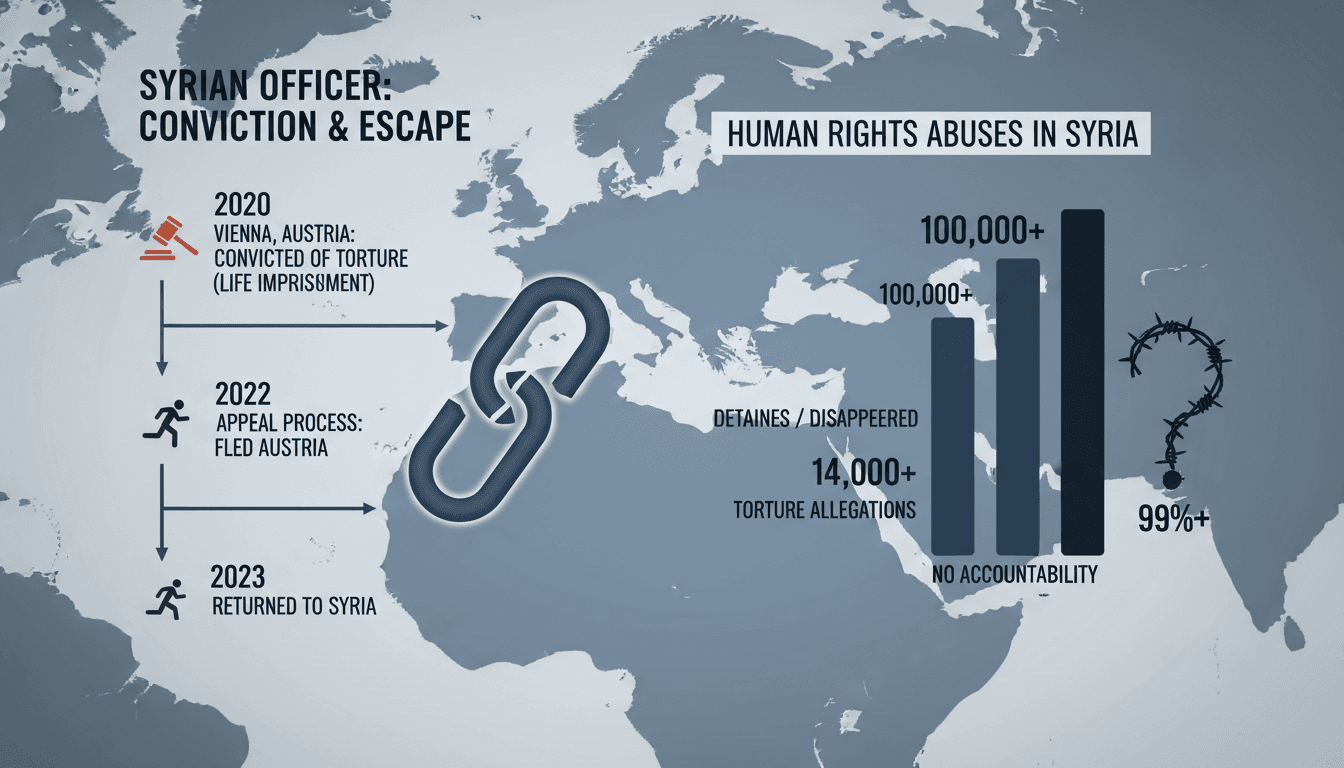 A visual representation of the timeline of a Syrian officer's conviction and escape.