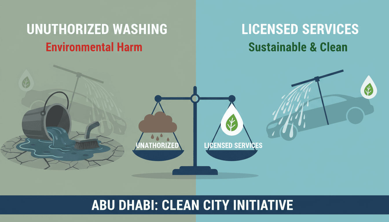 Abu Dhabi Municipality's campaign against unauthorized car washing in residential areas.