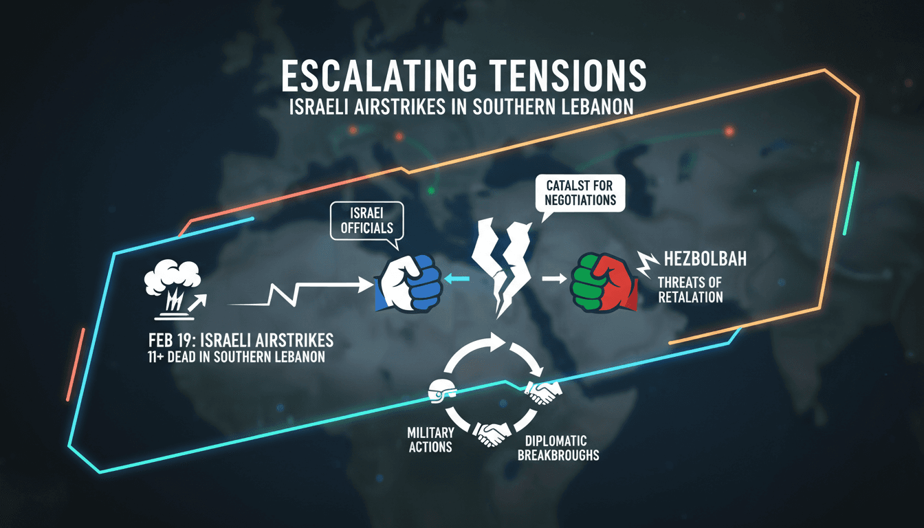 A map highlighting the locations of recent Israeli airstrikes in southern Lebanon.