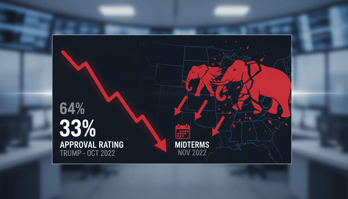 Trump speaking at a rally with a declining approval rating graphic