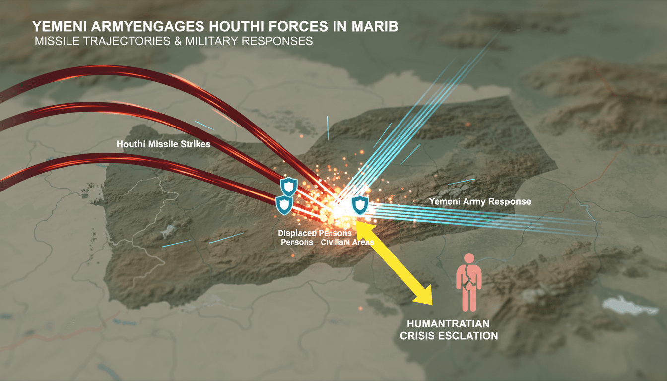 Yemeni army engaging in conflict with Houthi forces in Marib.