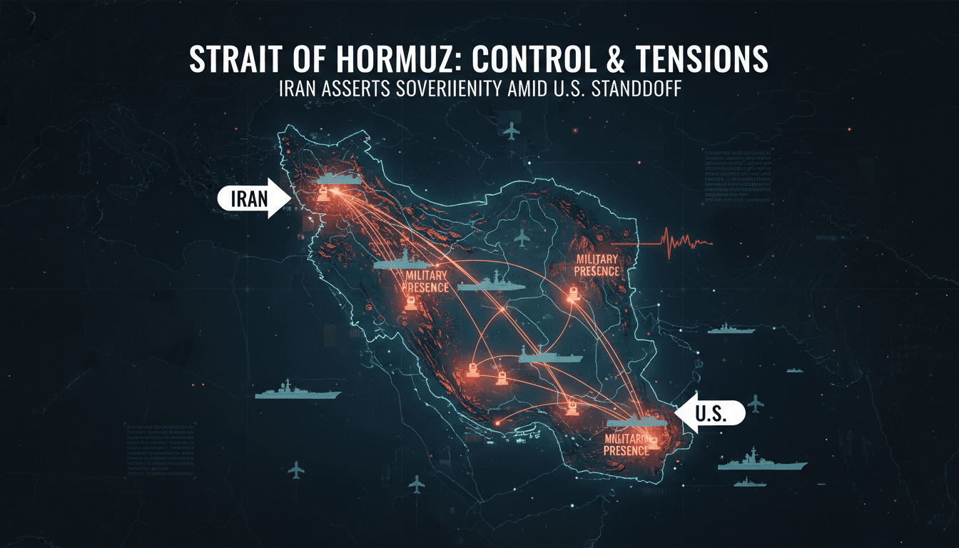 Map of the Strait of Hormuz highlighting oil shipping routes and military presence.