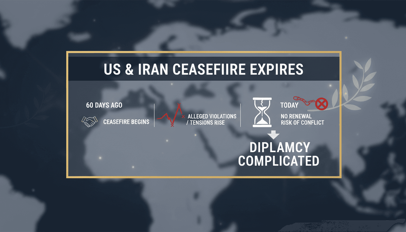 US and Iran flags with a broken ceasefire symbol