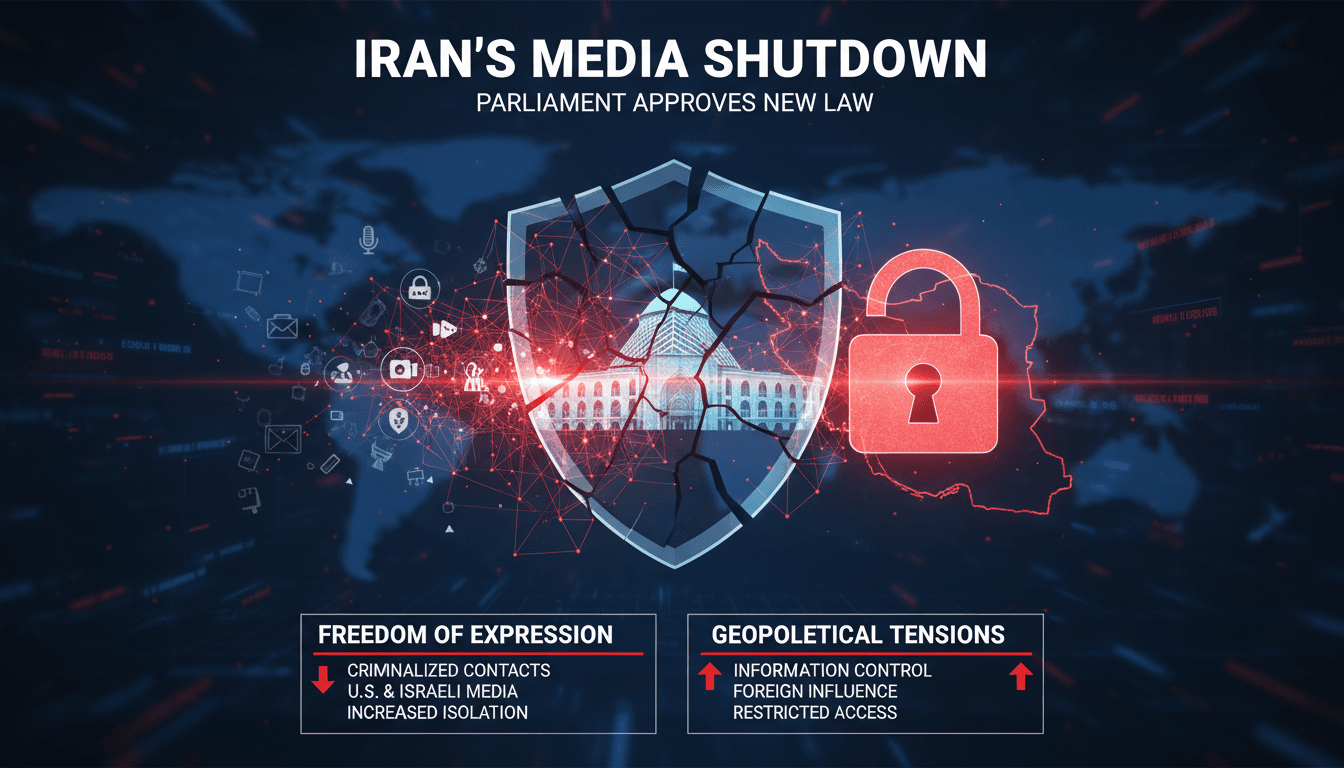 Iranian parliament building with a focus on media regulation legislation