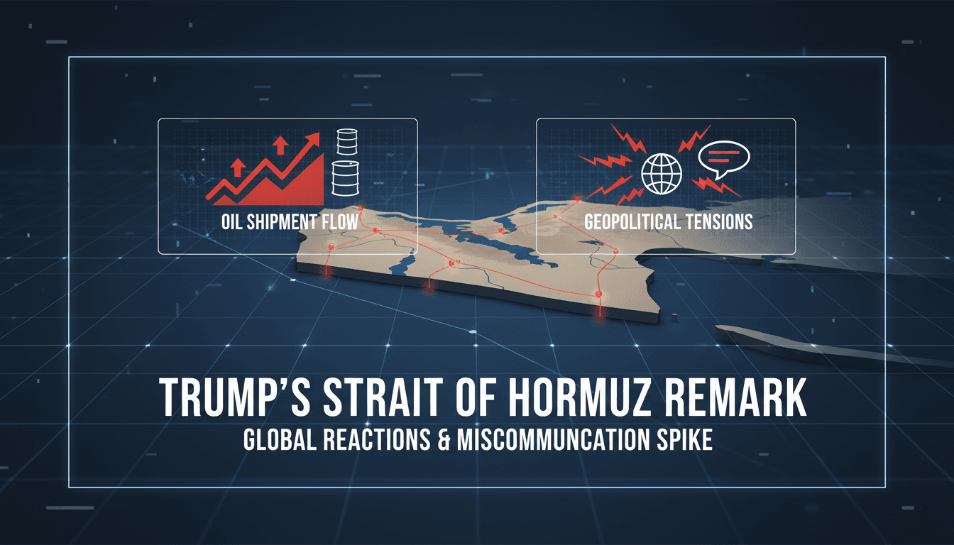President Trump speaking at a rally with a backdrop of the Strait of Hormuz.