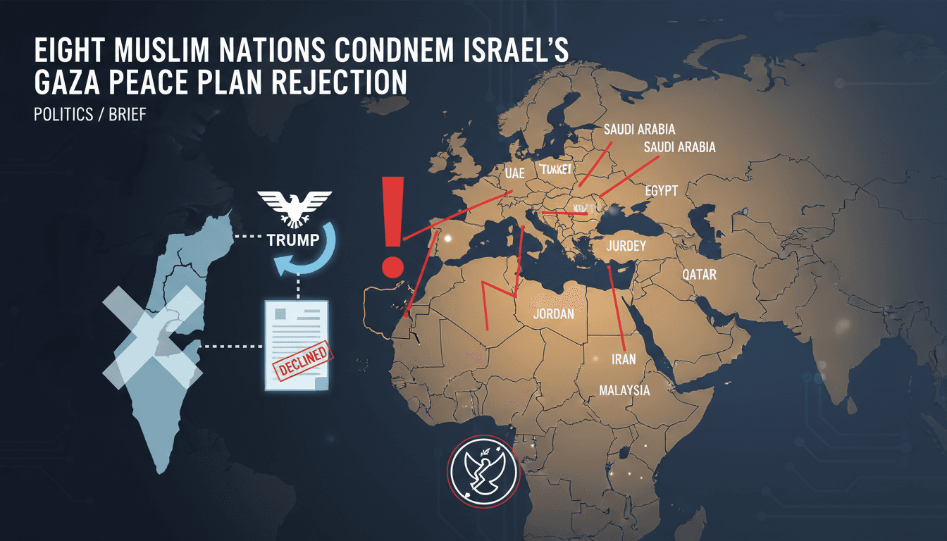 Map highlighting the eight Muslim countries condemning Israel's actions regarding the Gaza peace plan.