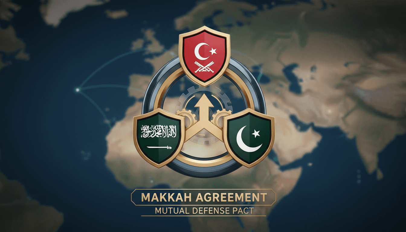 Leaders of Saudi Arabia, Turkey, and Pakistan signing the Makkah Agreement for mutual defense.