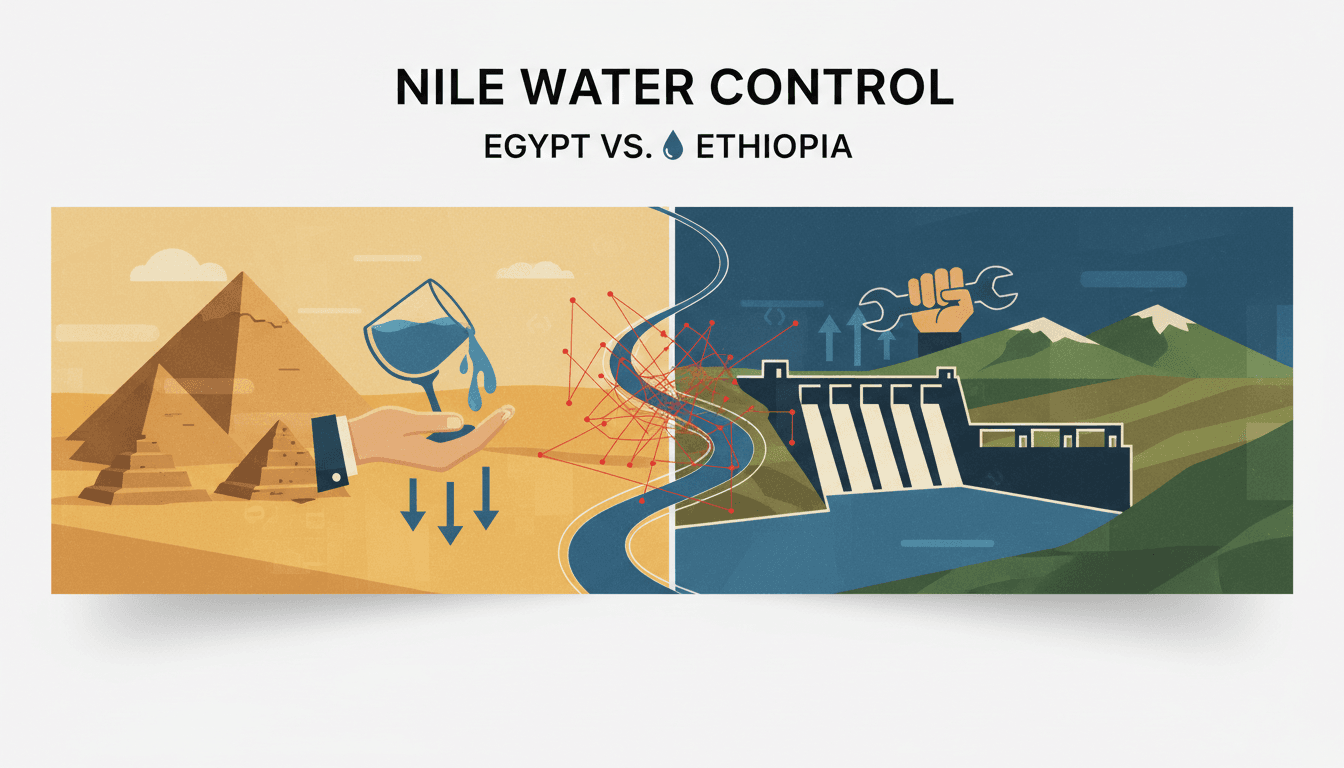 Map showing the Nile River and the geopolitical interests of Egypt and Ethiopia.