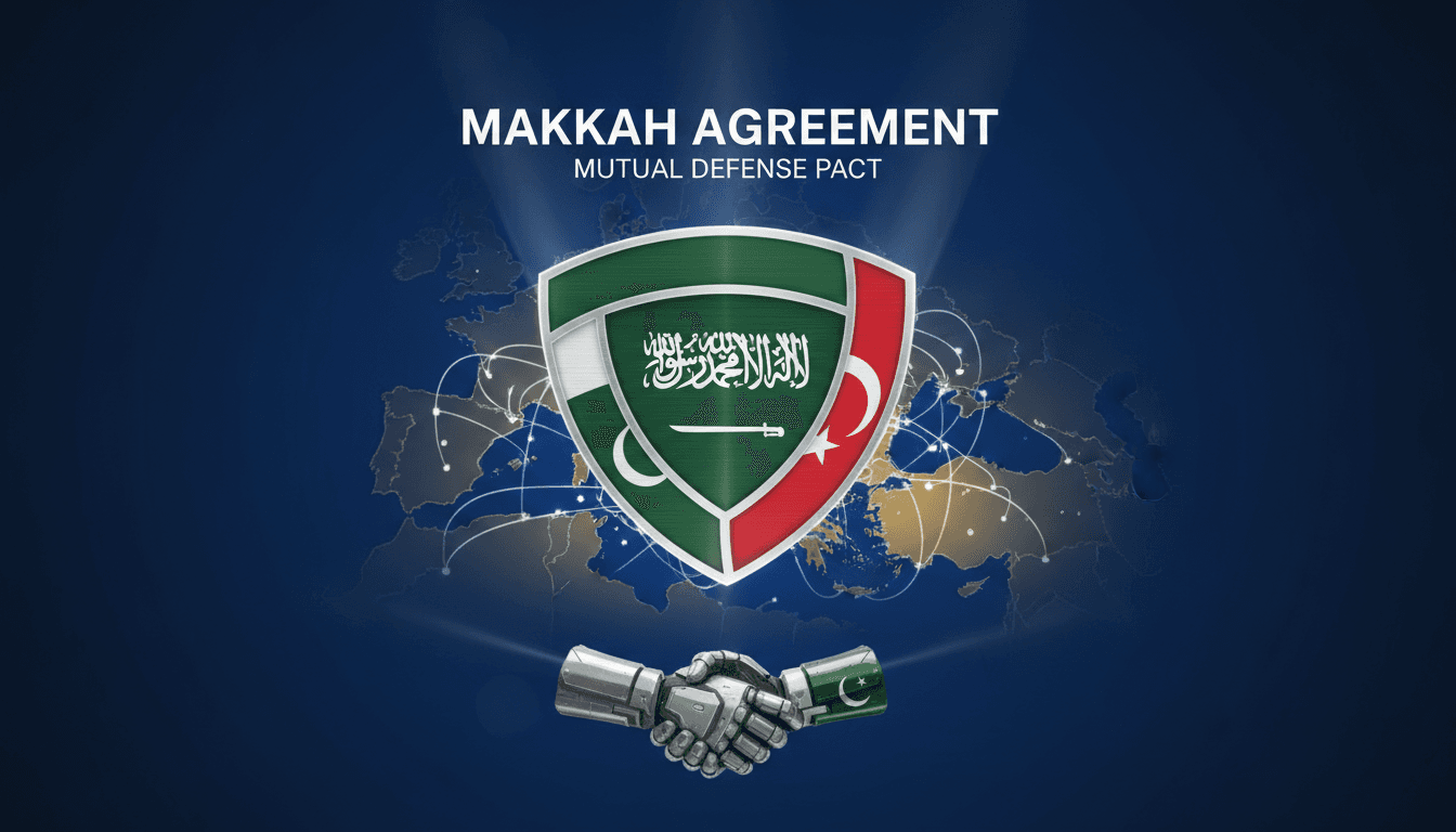 Leaders of Saudi Arabia, Turkey, and Pakistan signing the Makkah Agreement for mutual defense.