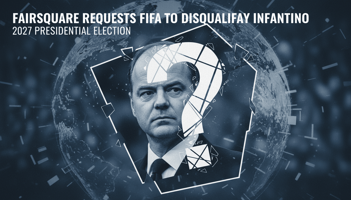 A graphic depicting Gianni Infantino with a question mark, highlighting the challenge to his FIFA re-election eligibility.
