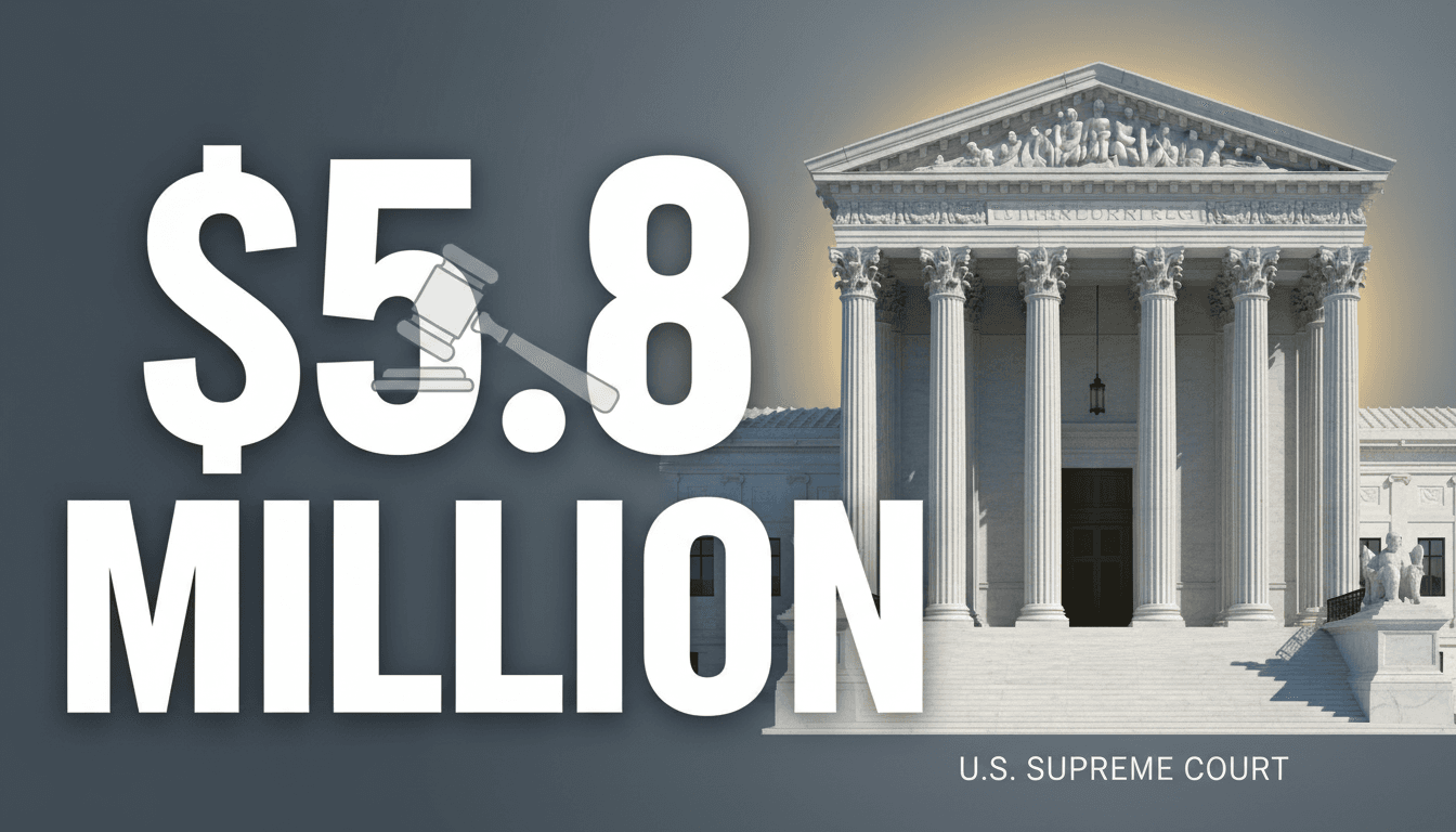 A visual representation of the U.S. Supreme Court with the $5 million verdict against Trump highlighted.
