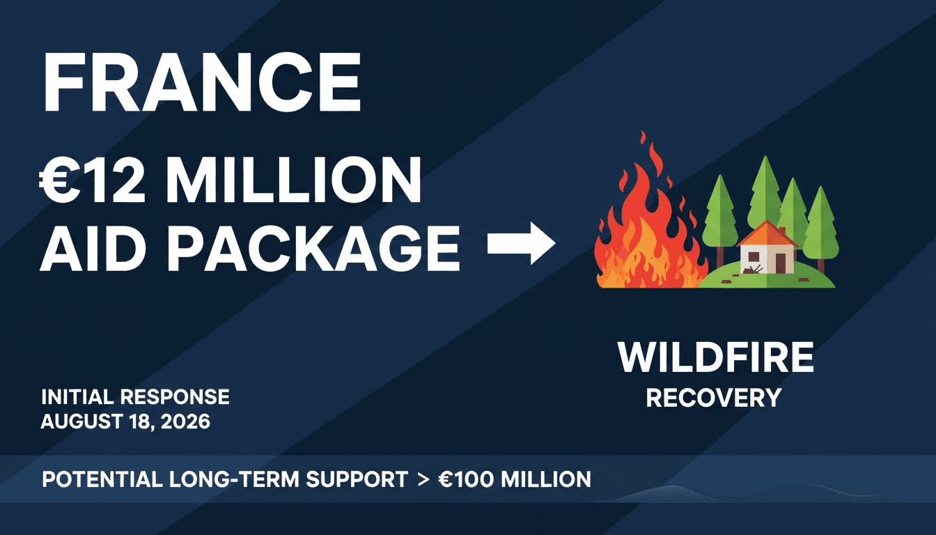 Infographic detailing the €12 million aid package for wildfire recovery in France.