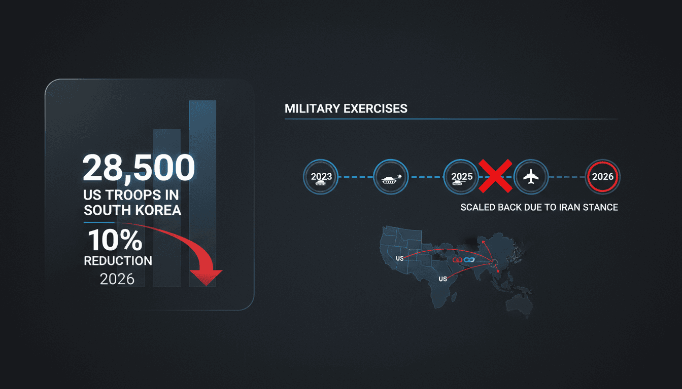 Infographic showing US troop presence in South Korea and timeline of military exercises.
