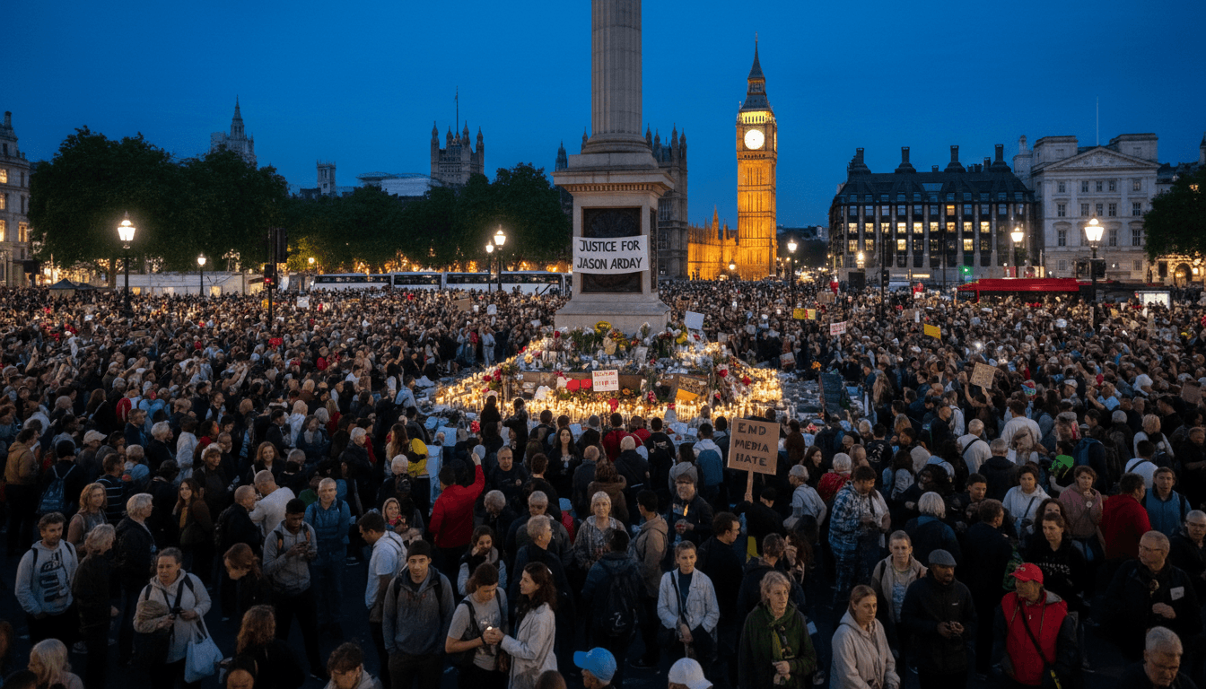 A large crowd gathered in Trafalgar Square for a vigil, holding candles and signs in memory of Jason Arday, emphasizing media ethics and racial dynamics.