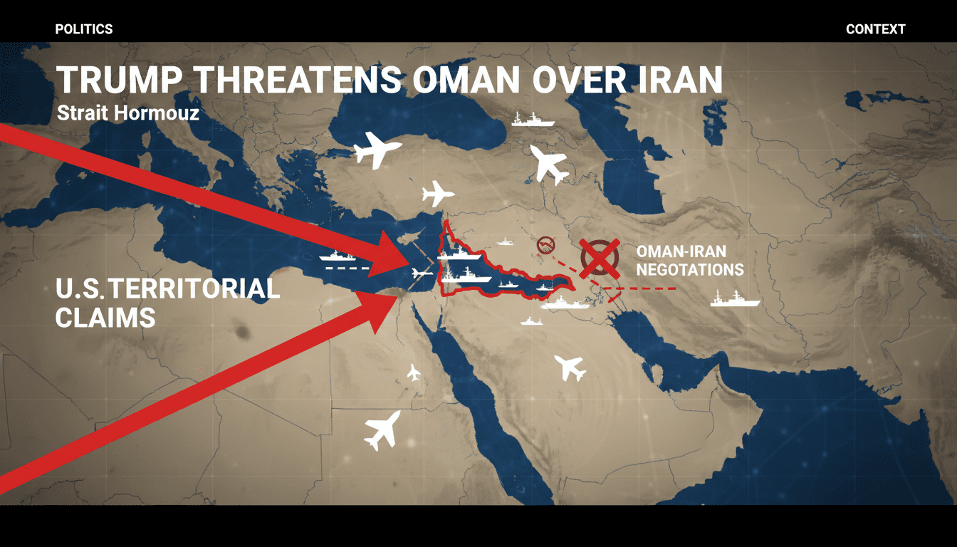 A map of the Strait of Hormuz showing military threats and geopolitical tensions involving Trump, Oman, and Iran.