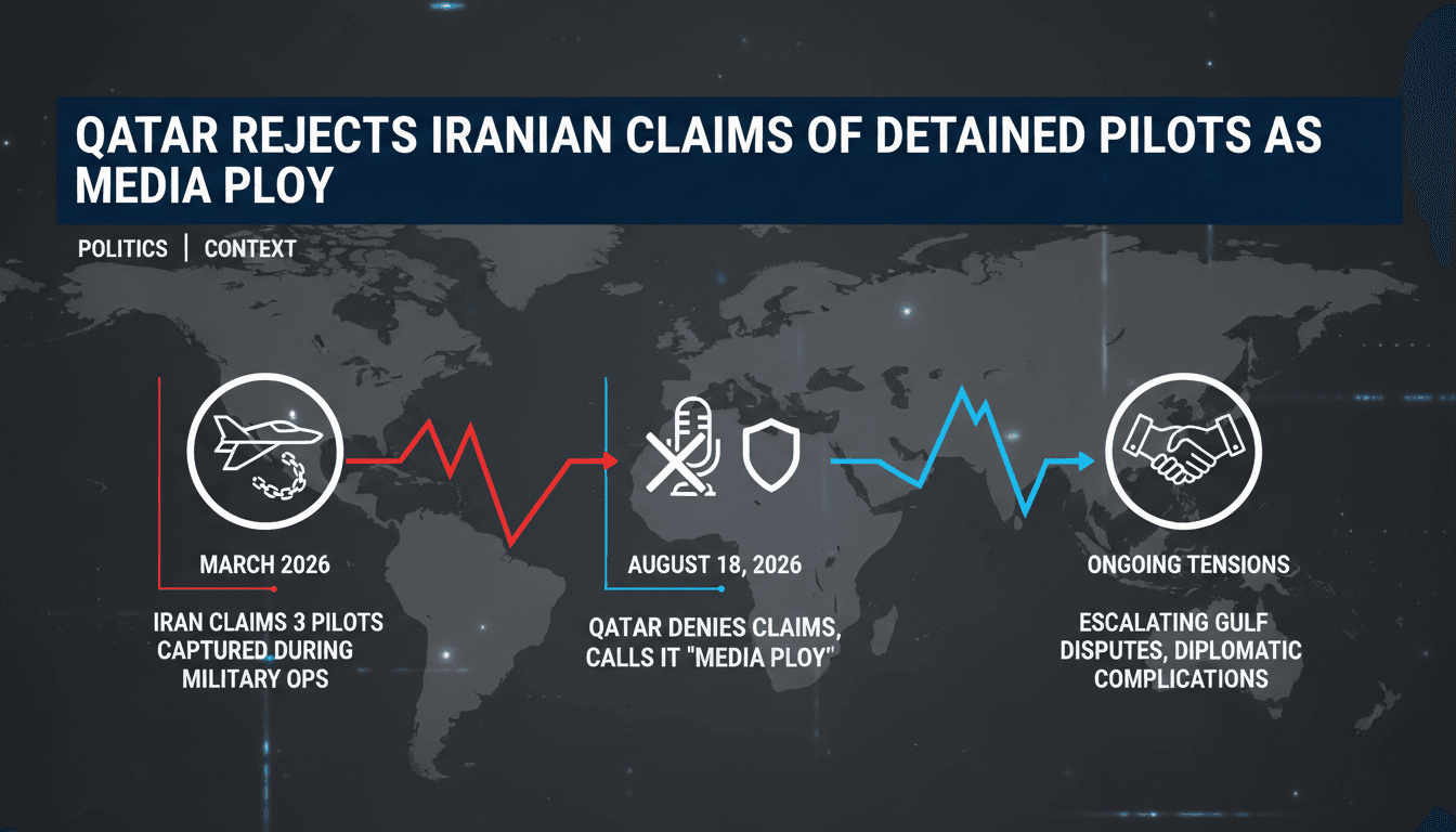 Infographic detailing Qatar's denial of Iran's claims regarding missing pilots and the regional tensions involved.