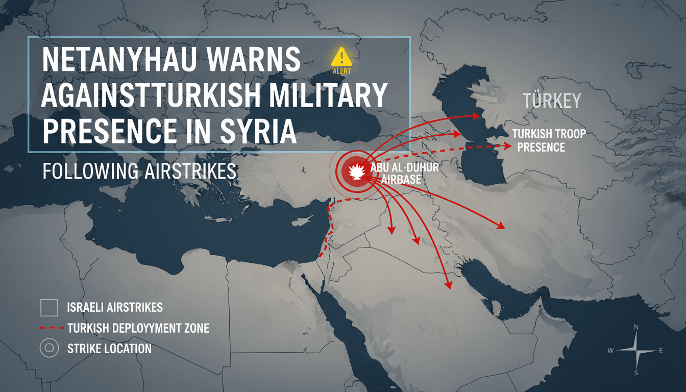 Map illustrating the military tensions between Israel, Syria, and Turkey, focusing on the airstrike locations.