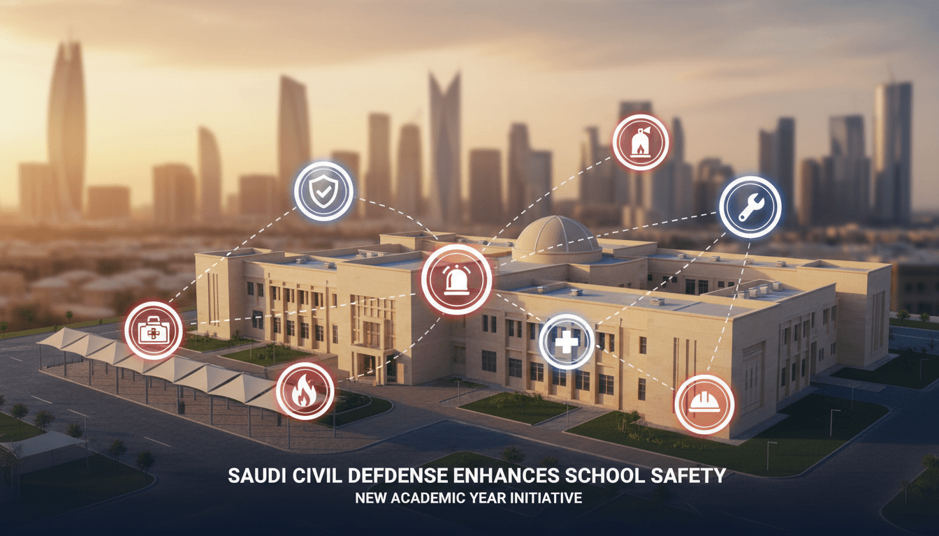 A school building with safety inspection icons, highlighting Saudi Civil Defense efforts in educational facilities.