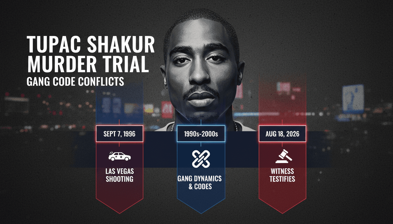 A courtroom scene depicting the ongoing trial of Tupac Shakur's murder, highlighting witness testimony and street code conflicts.