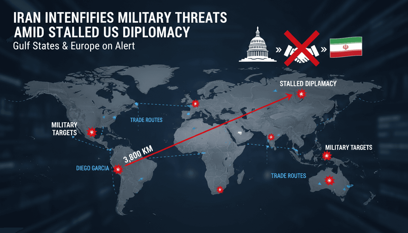 Map showing Iran's military reach to Diego Garcia and key trade routes in the Gulf region.