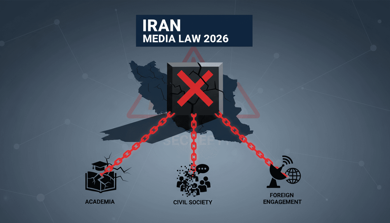 Infographic showing the impacts of Iran's new media legislation on various sectors and foreign relations.