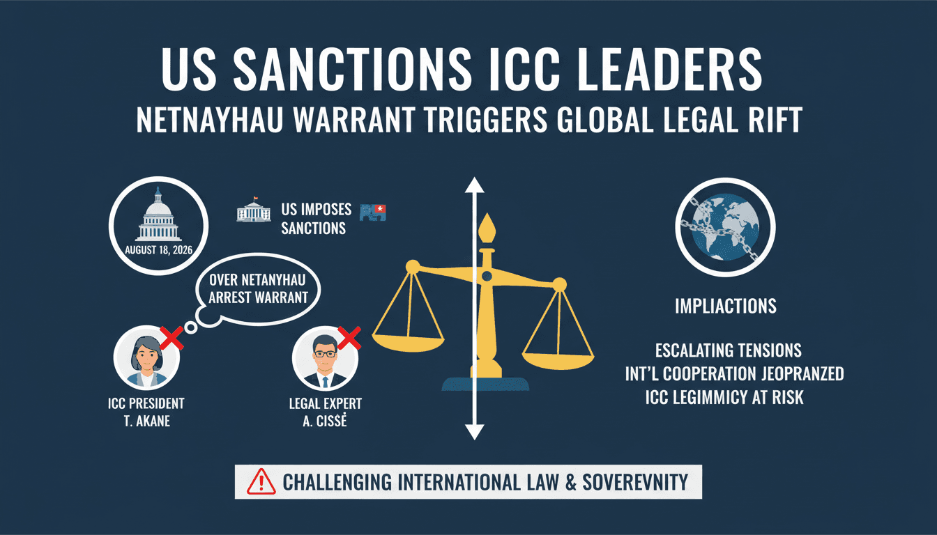 Infographic showing U.S. sanctions timeline against ICC officials and implications for international law.