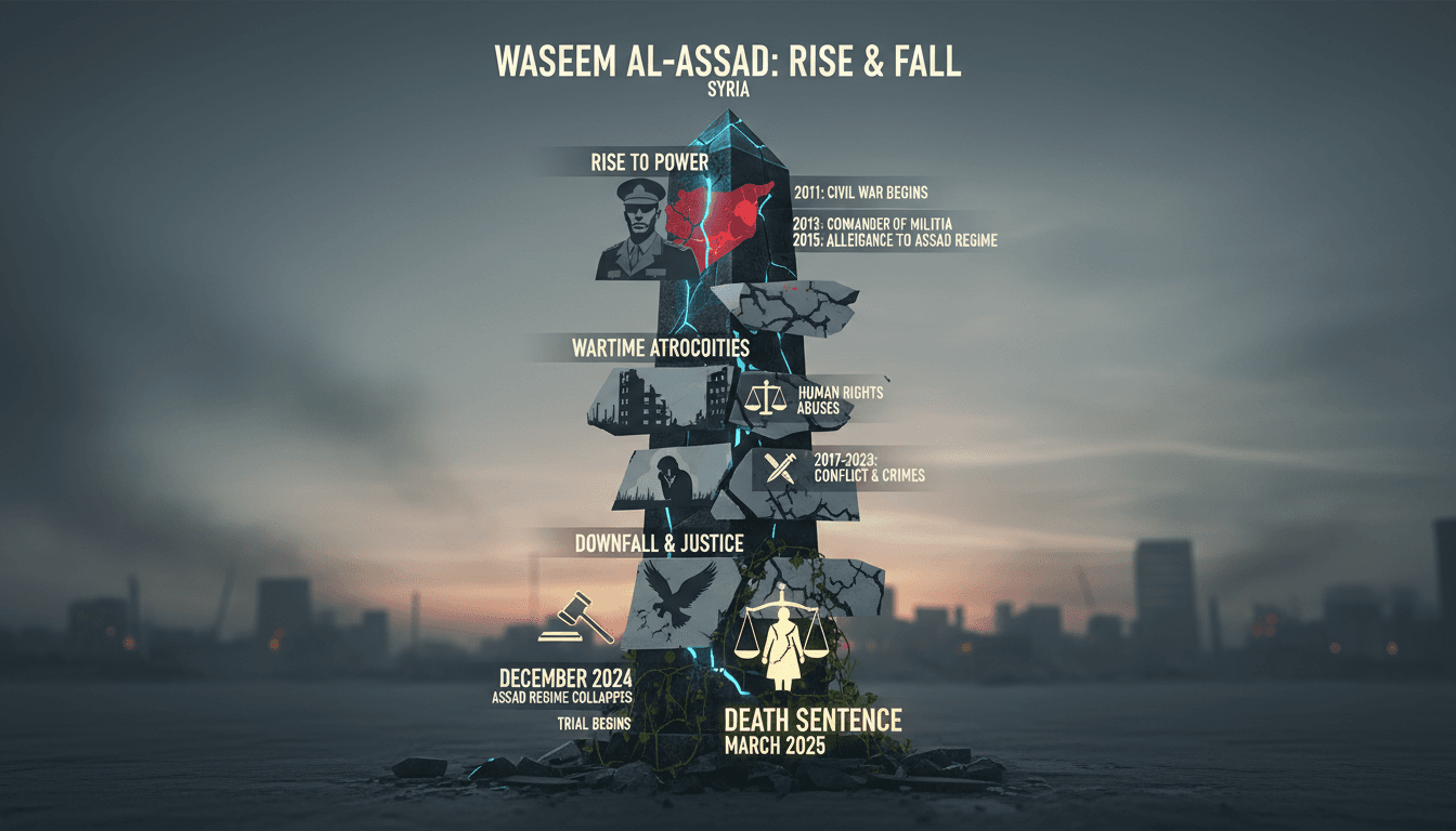 Infographic showing Waseem al-Assad's timeline and key events in Syria's transitional justice efforts.