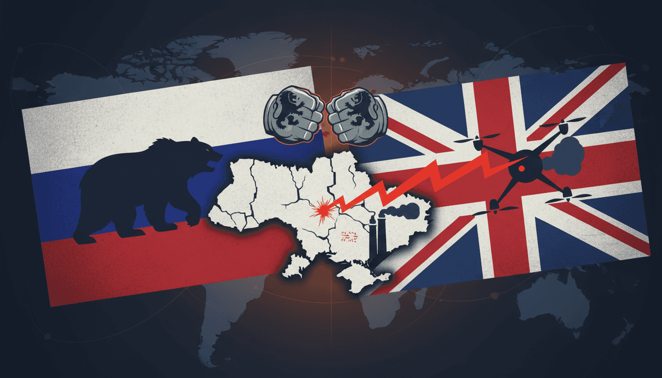 A map showing the geopolitical tension between Russia and the UK regarding drone usage in Ukraine.